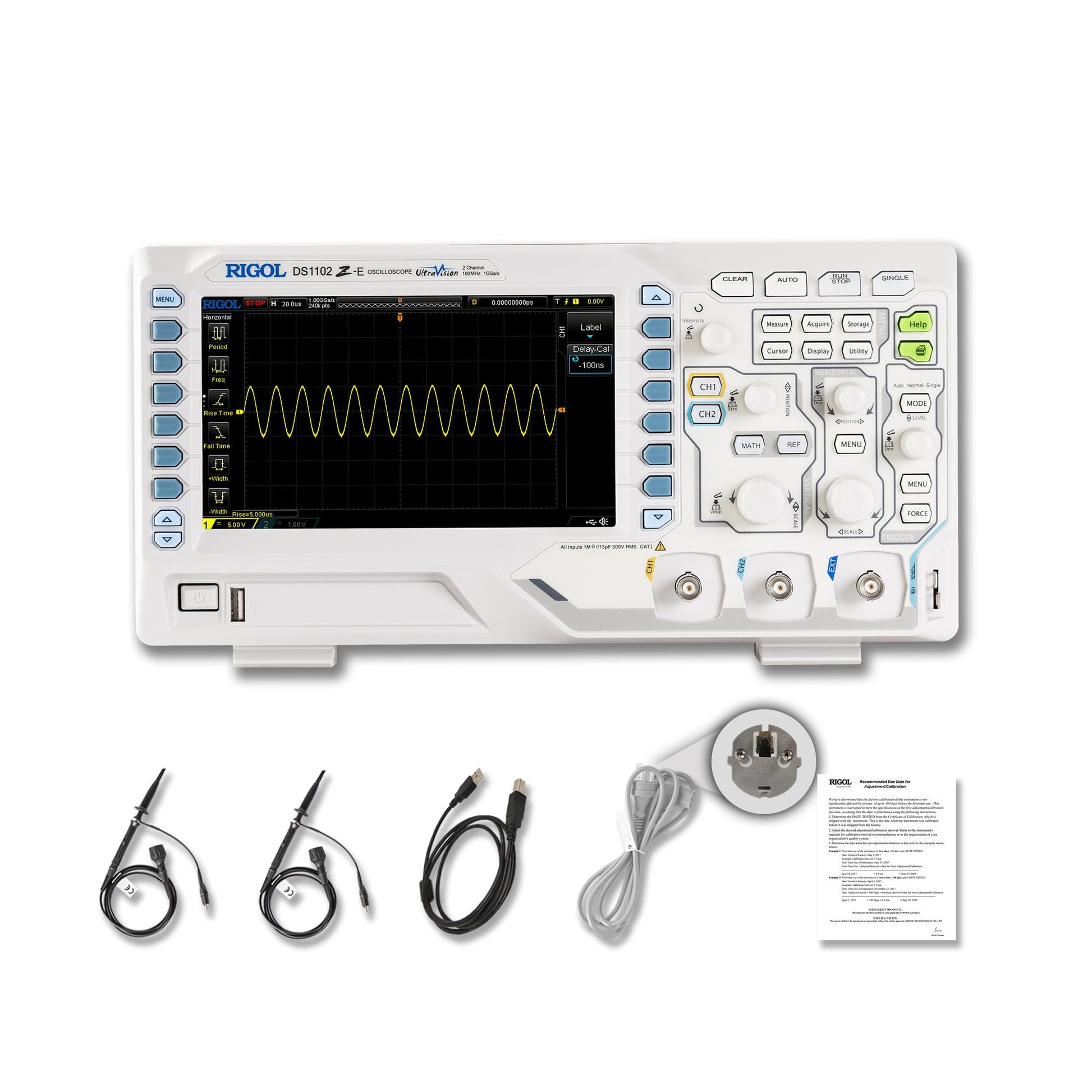 RIGOL DS1102Z-E Labor-Oszilloskop. Dunkelgraues Messgerät mit Display zur Analyse elektrischer 100MHz-Wellenformen auf 2 Kanälen im Labor.