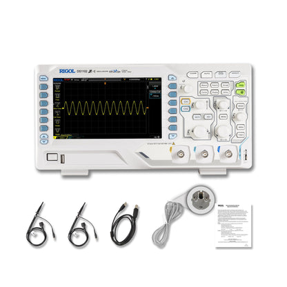 RIGOL DS1102Z-E Labor-Oszilloskop. Dunkelgraues Messgerät mit Display zur Analyse elektrischer 100MHz-Wellenformen auf 2 Kanälen im Labor.