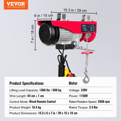 VEVOR Elektro-Seilwinde 300/600kg – 12m Hubhöhe, 1150W