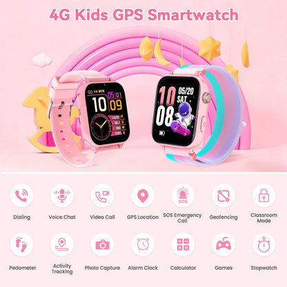 Ucani 4G Smartwatch Kinder A28 mit GPS und Videoanruf, Hellrosa