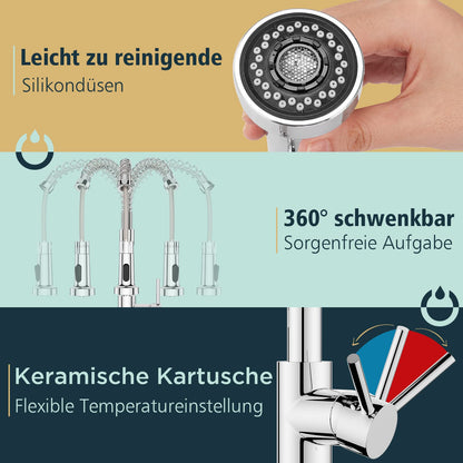 FORIOUS Küchenarmatur Hoher Bogen Ausziehbrause - Polierter Chrom