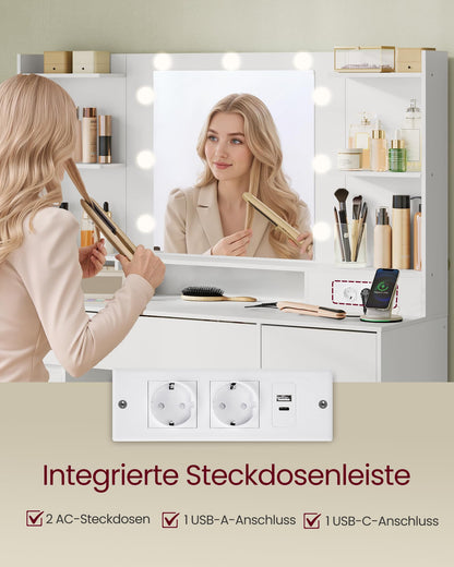 VASAGLE Kailyn Schminktisch mit Spiegel und LED-Beleuchtung, weiss