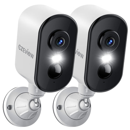 CZEview 2K Überwachungskamera Aussen Akku WLAN - 2er-Set Weiss. Zwei weiße 2K WLAN-Kameras für Akku-Aussenüberwachung.