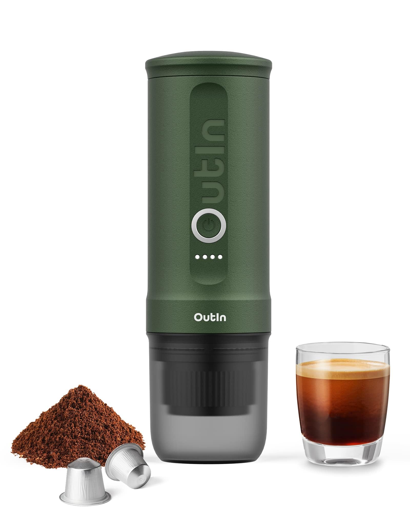 OutIn Nano Tragbare Espressomaschine mit Akku für Kaffee und Kapseln aus lebensmittelechtem Edelstahl