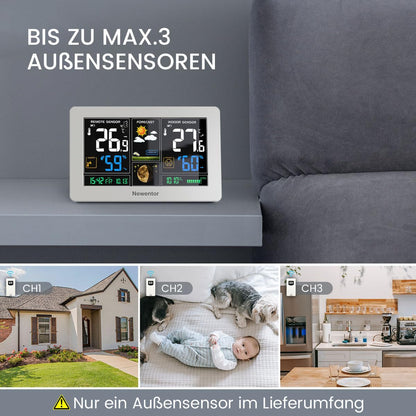 Newentor Funkwetterstation Q3 mit Aussensensor, DCF Funkuhr, Weiss