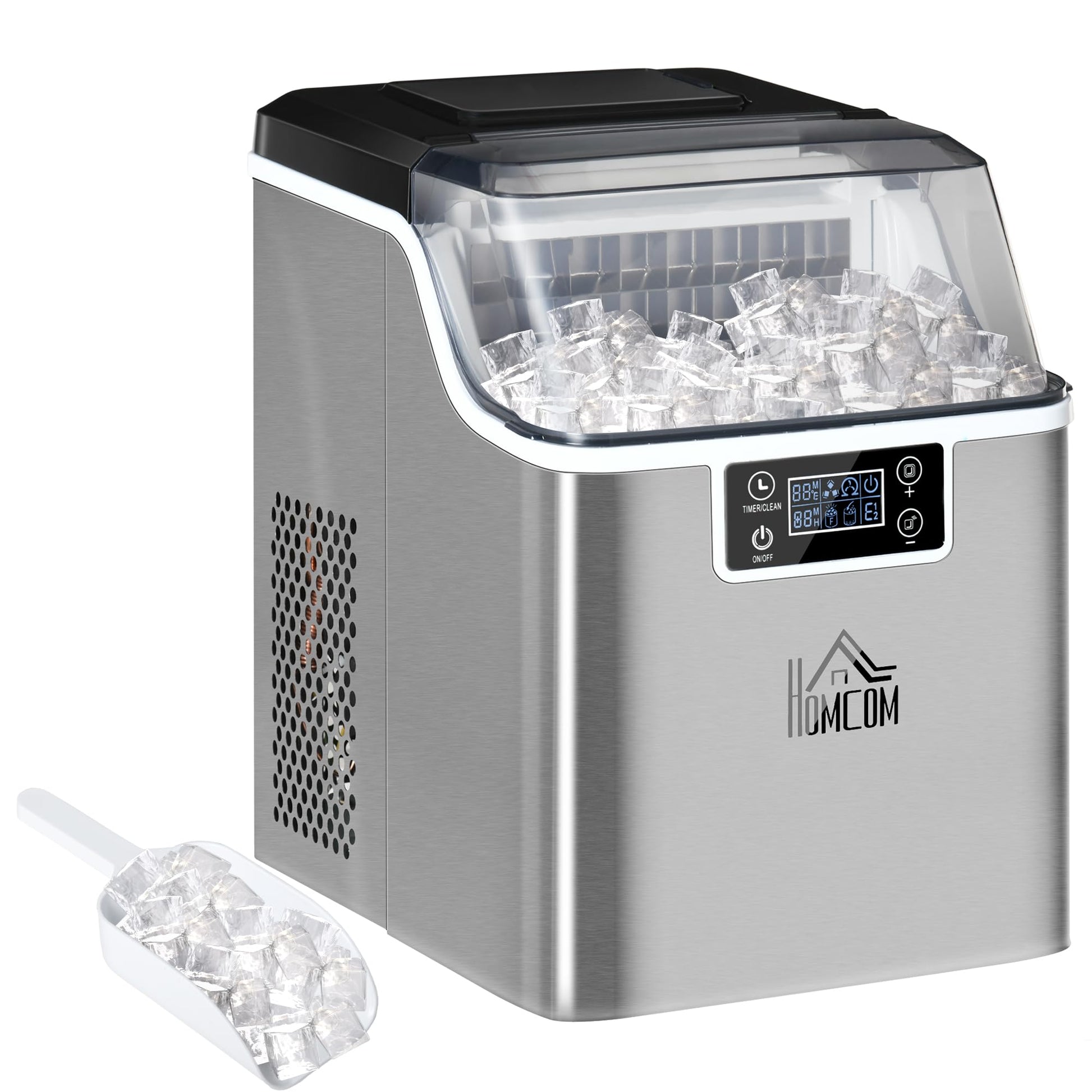 HOMCOM Eiswürfelbereiter - Edelstahl, Silber, Selbstreinigend. Silbernes Edelstahlgerät produziert Eiswürfel für Getränke.
