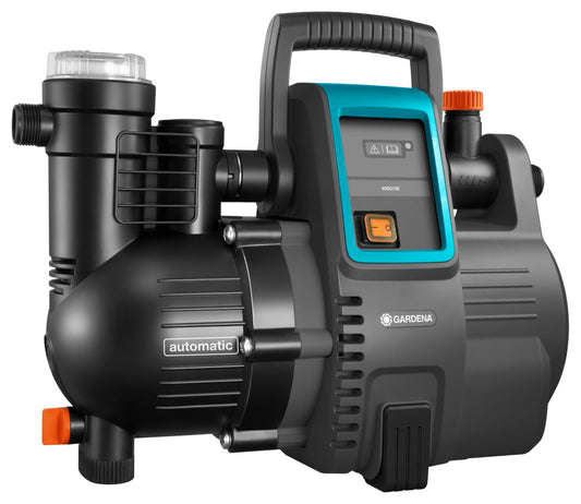 Gardena Hauswasserautomat 4000/5E – Energiespar-Hauswasserpumpe. Blau-graues Pumpengehäuse. Fördert automatisch Brauchwasser zur Hausversorgung.