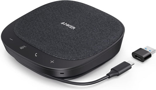 Anker PowerConf S330 USB Konferenzlautsprecher für Homeoffice. Rund und schwarz. Ermöglicht Freisprechfunktion für Videokonferenzen.