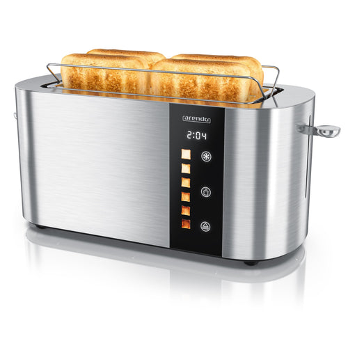 Arendo Edelstahl Toaster 4 Scheiben Langschlitz Touchscreen. Silberner Langschlitz-Toaster mit Touchscreen zum Rösten von 4 Brotscheiben gleichzeitig.