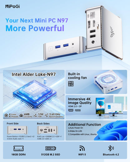 NiPoGi Essenx E2 Mini PC - N97, 16GB RAM, 512GB SSD, W11 Pro