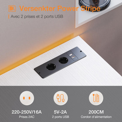 ODK Schreibtisch 120x48cm mit 3 Schubladen, Steckdosen, USB – Weiss