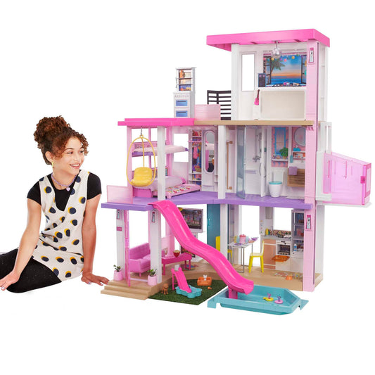 Barbie Dream House 3-stöckiges Puppenhaus 114 cm GRG93. Pinkes dreistöckiges Puppenhaus für Rollenspiele mit Mode-Puppen.