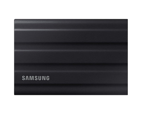 Samsung Portable SSD T7 Shield 1 TB Schwarz, eine kompakte, schwarze externe SSD für robusten Datenspeicher im Outdoor-Einsatz.