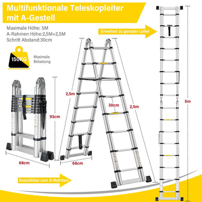 STANEW 5M Alu Teleskop-Klappleiter Multifunktionsleiter – Silber