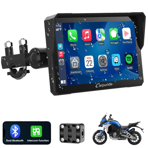 Carpuride W702 Pro Motorrad CarPlay Bildschirm - 7" Intercom Dual BT: Schwarzer, rechteckiger Touchscreen für CarPlay Navigation und Intercom.