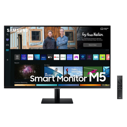 Samsung M5 Smart Monitor S27BM500EU, 27 Zoll, Schwarz. Der schwarze Monitor zeigt digitale Inhalte für Büro und Entertainment.