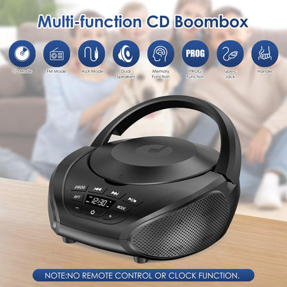 Gueray B-03 Tragbarer CD-Player Boombox mit UKW-Radio, Schwarz