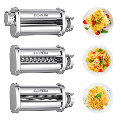 COFUN Nudelvorsatz für Bosch Mum 5 - 3tlg. Edelstahl Set: Silberne Walze, Spaghetti-, Tagliatelle-Schneider. Für Pasta an Bosch Mum 5.