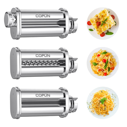 COFUN Nudelvorsatz für Bosch Mum 5 - 3tlg. Edelstahl Set: Silberne Walze, Spaghetti-, Tagliatelle-Schneider. Für Pasta an Bosch Mum 5.