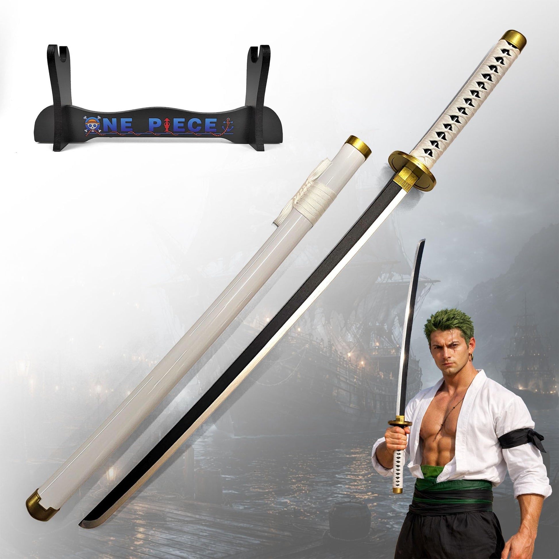 Swords and more One Piece Wado-Ichi-Monji Katana aus Bambus mit weiss lackierter Scheide und umwickeltem Griff