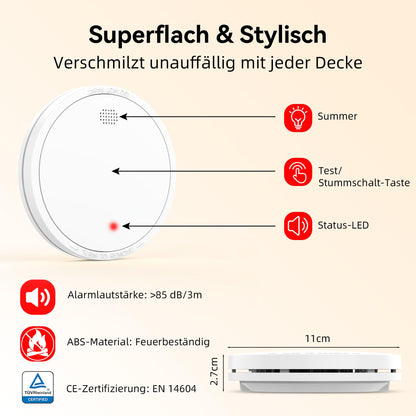 CHZHVAN Rauchmelder mit Magnethalterung, 10-Jahres-Batterie, 6er Set