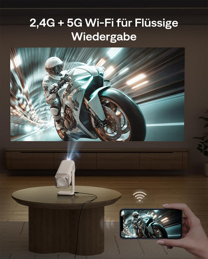 Aurzen Boom Air Mini Beamer mit Google TV, Full HD, USB-C, Cremeweiss