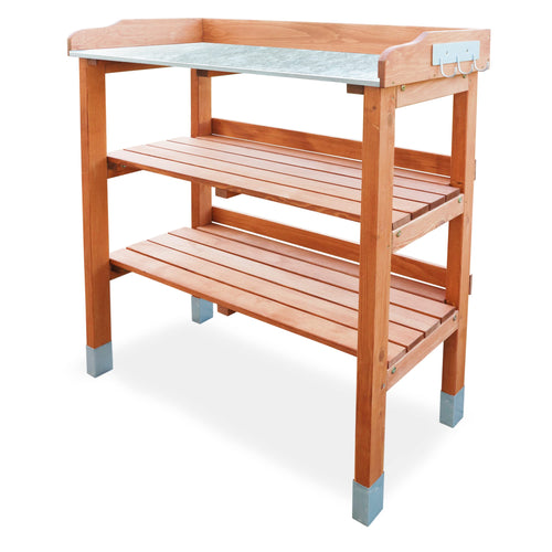 HABAU Pflanztisch aus Hemlocktanne, geölt, mit Metallarbeitsplatte, Holzgestell mit Ablageflächen und Haken