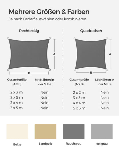 SONGMICS Sonnensegel 4 x 4 m, HDPE-Gewebe, luftdurchlässig, rauchgrau