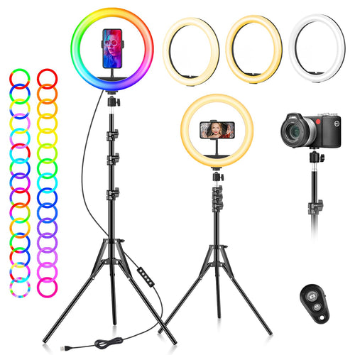 FGRYB LED Ringlicht 10 Zoll mit Stativ und Handyhalterung, runde Leuchte mit flexiblem Schlauch