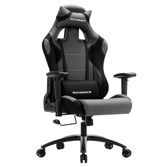 SONGMICS Gaming Stuhl RCG02G, ein ergonomischer Bürostuhl in Schwarz-Grau. Dient zum langen, gesunden Sitzen beim Gaming und im Büro.