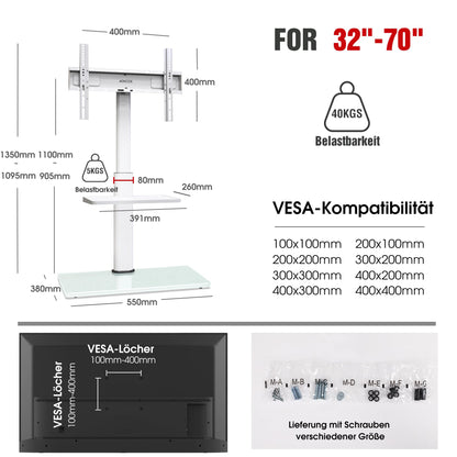 AOKCOS TV Bodenständer höhenverstellbar schwenkbar mit Ablagen, Weiss