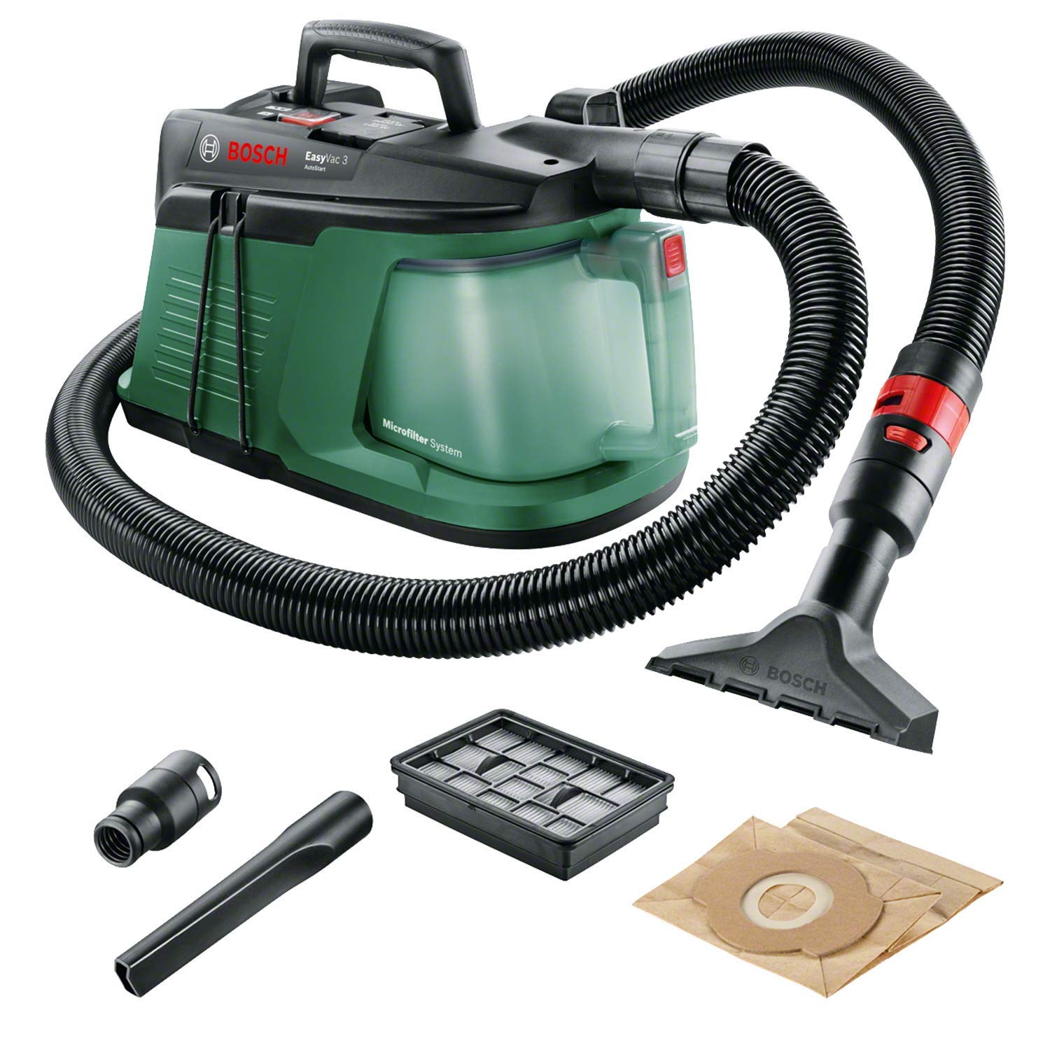 Bosch Handstaubsauger EasyVac 3. Kompaktes Gerät zum schnellen Aufsaugen von Schmutz, Staub, Spänen. 700W Leistung, 2L Kapazität.