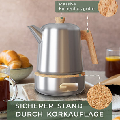 WALDWERK Teekanne mit Stövchen, Edelstahl, Sieb, 1.1L Eiche