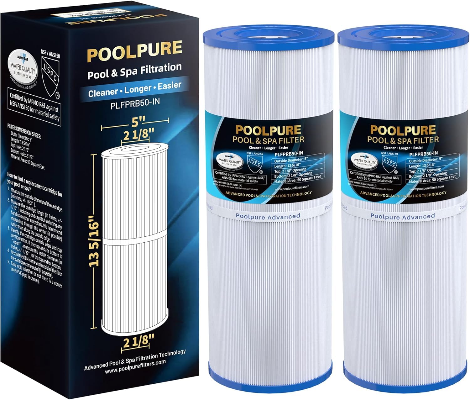POOLPURE Spa-Filterkartusche 2er-Set, Ersatz für Pleatco PRB50-IN, zylindrische Patrone aus Trilobal-Gewebe