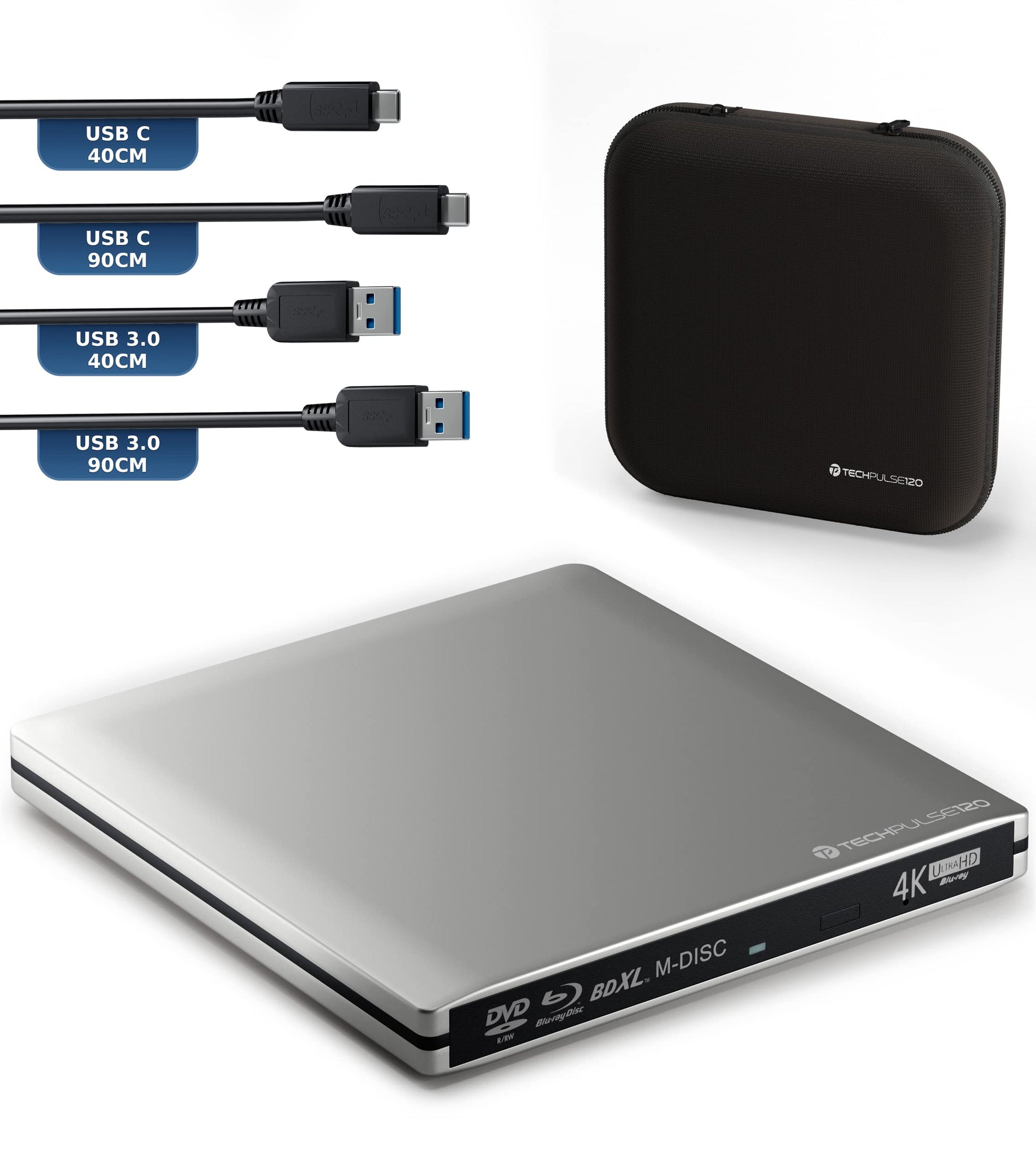 techPulse120 Imperator Externer Blu-ray Brenner USB-C 4K BDXL - Silber. Schlank, silberfarben. Brennt und liest 4K BDXL Blu-ray Discs via USB-C.