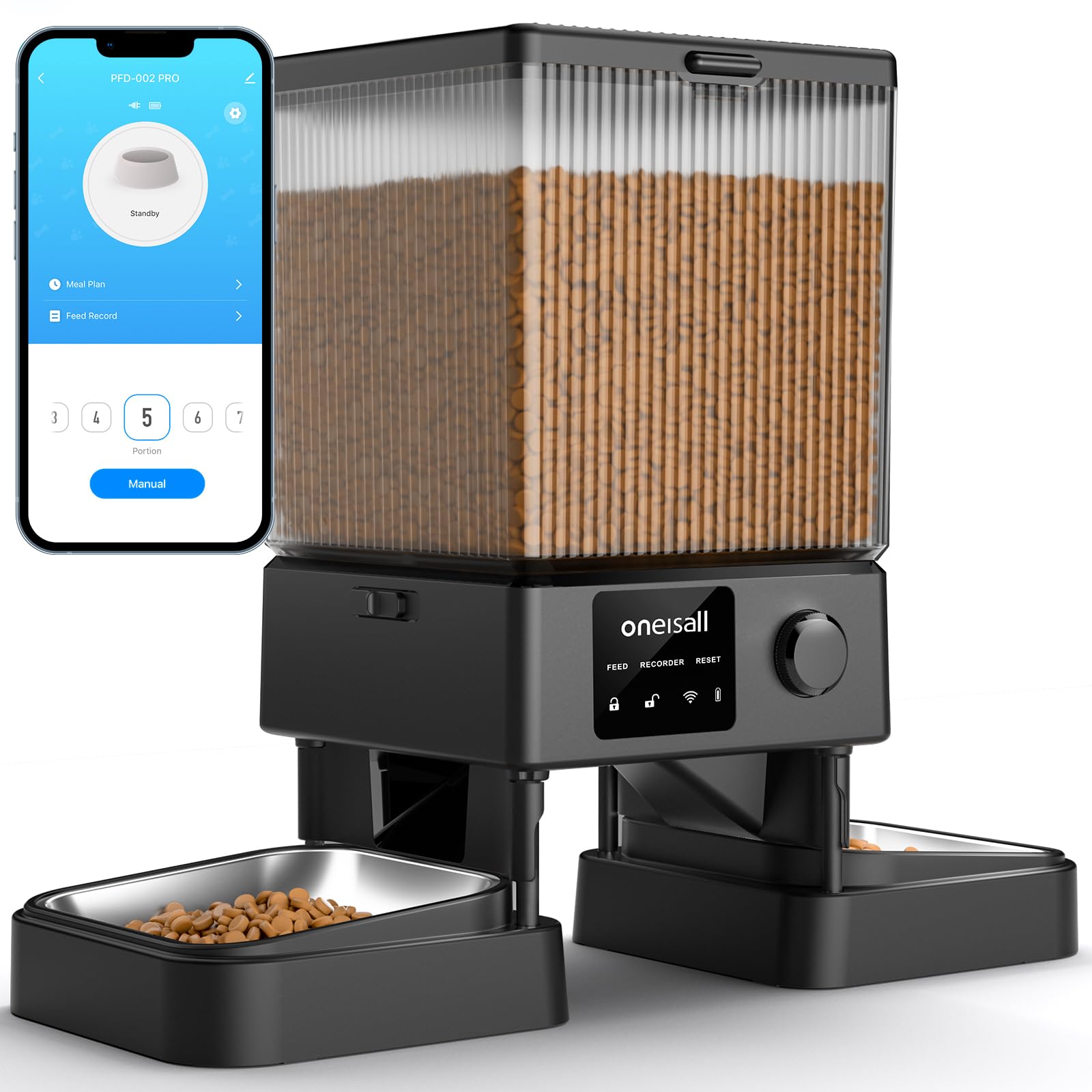oneisall Futterautomat Katze 5L mit WiFi, 2 Näpfe und App-Steuerung, Futterspender mit zwei Edelstahlschüsseln
