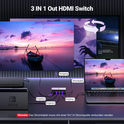 UGREEN HDMI 2.1 Switch 8K 3 In 1 Out mit Fernbedienung, VRR & ALLM