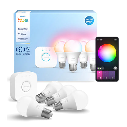 Philips Hue Essential Starter-Set: Bridge + 4 E27 LED Leuchtmittel, White und Color Ambiance