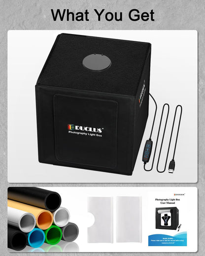 DUCLUS Fotobox 40x40 cm faltbar Lichtzelt Set - LED, 8 Hintergründe