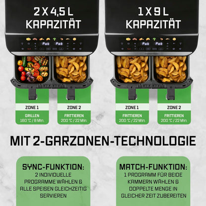 GOURMETmaxx AirGenius Heissluftfritteuse - 9L 2 Kammern für 8 Personen