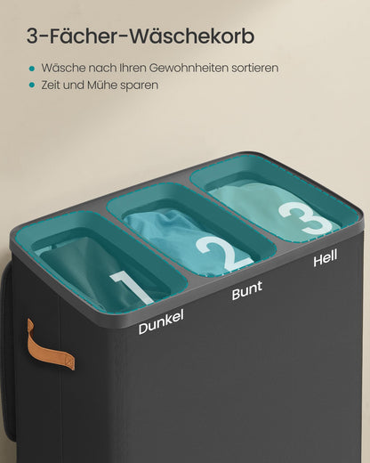 SONGMICS Wäschesortierer 190 L, 3 Fächer, mit Deckel, tintenschwarz