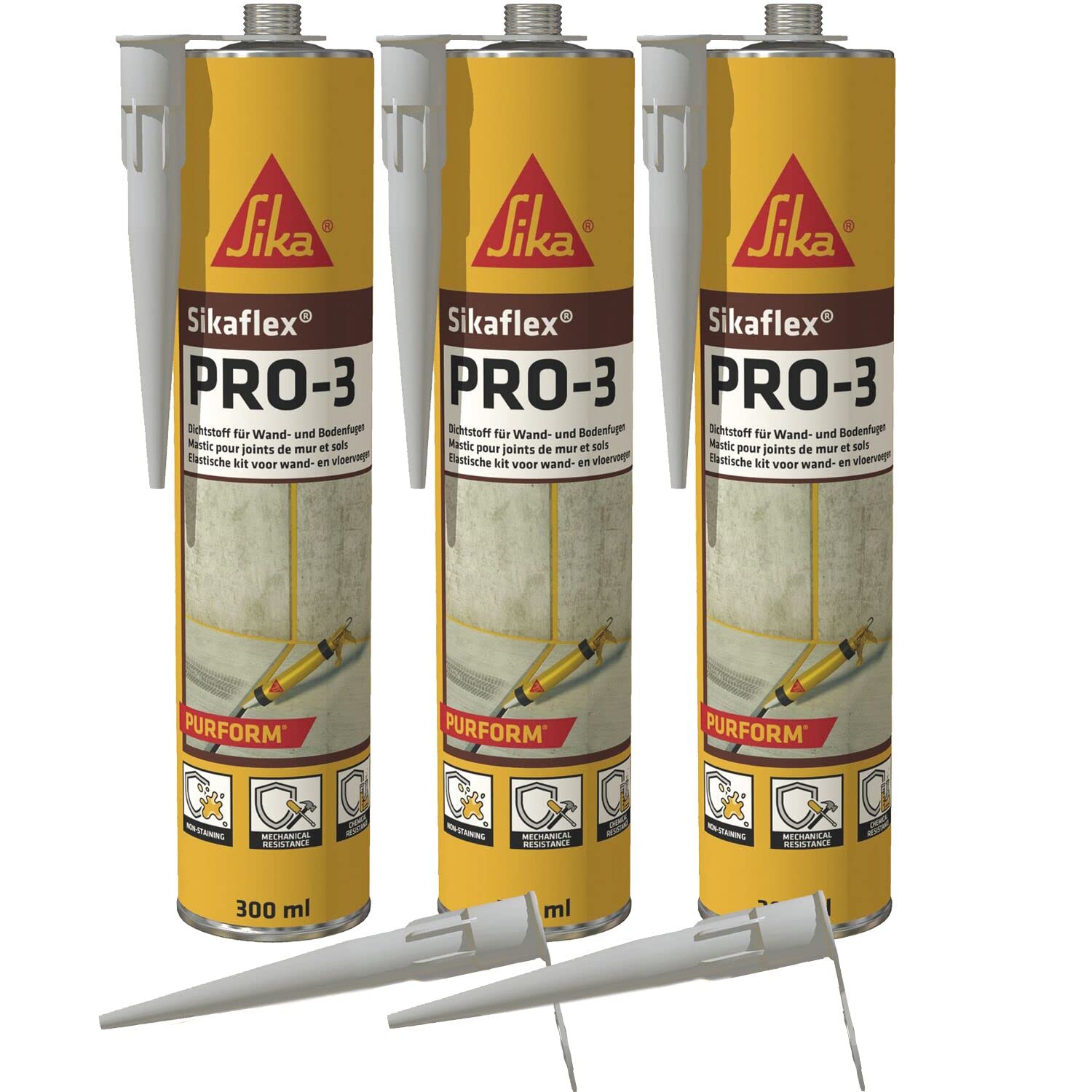Sikaflex PRO-3 Dichtstoff witterungsfest, 300 ml, 3er Set + Spitzen für Boden- und Anschlussfugen