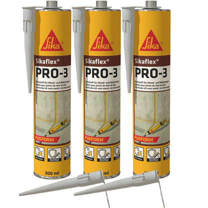 Sikaflex PRO-3 Dichtstoff witterungsfest, 300 ml, 3er Set + Spitzen für Boden- und Anschlussfugen
