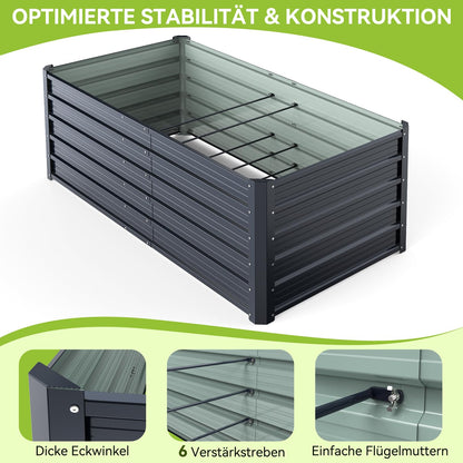 Ohuhu Metall Hochbeet 180x90x60 cm aus verzinktem Stahl, anthrazit