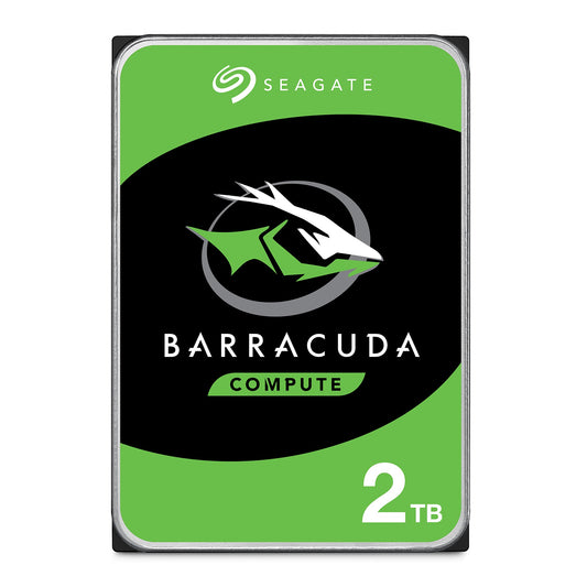 Seagate BarraCuda 2TB interne Festplatte HDD - 3.5 Zoll. Rechteckiges, silbernes Metallgehäuse. Dient zur Datenspeicherung in Desktop-PCs.