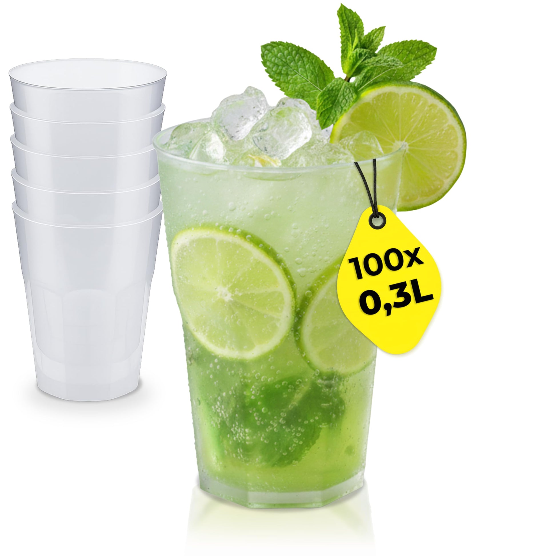 Silverkitchen Mehrweg Cocktailbecher 0,3 L mit Eichstrich, 100er-Set – stapelbare Becher aus Hartplastik