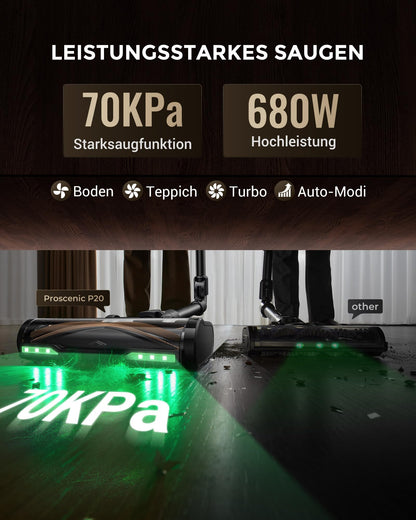 Proscenic P20 Akku-Staubsauger mit Wischfunktion, 70 kPa, Schwarz