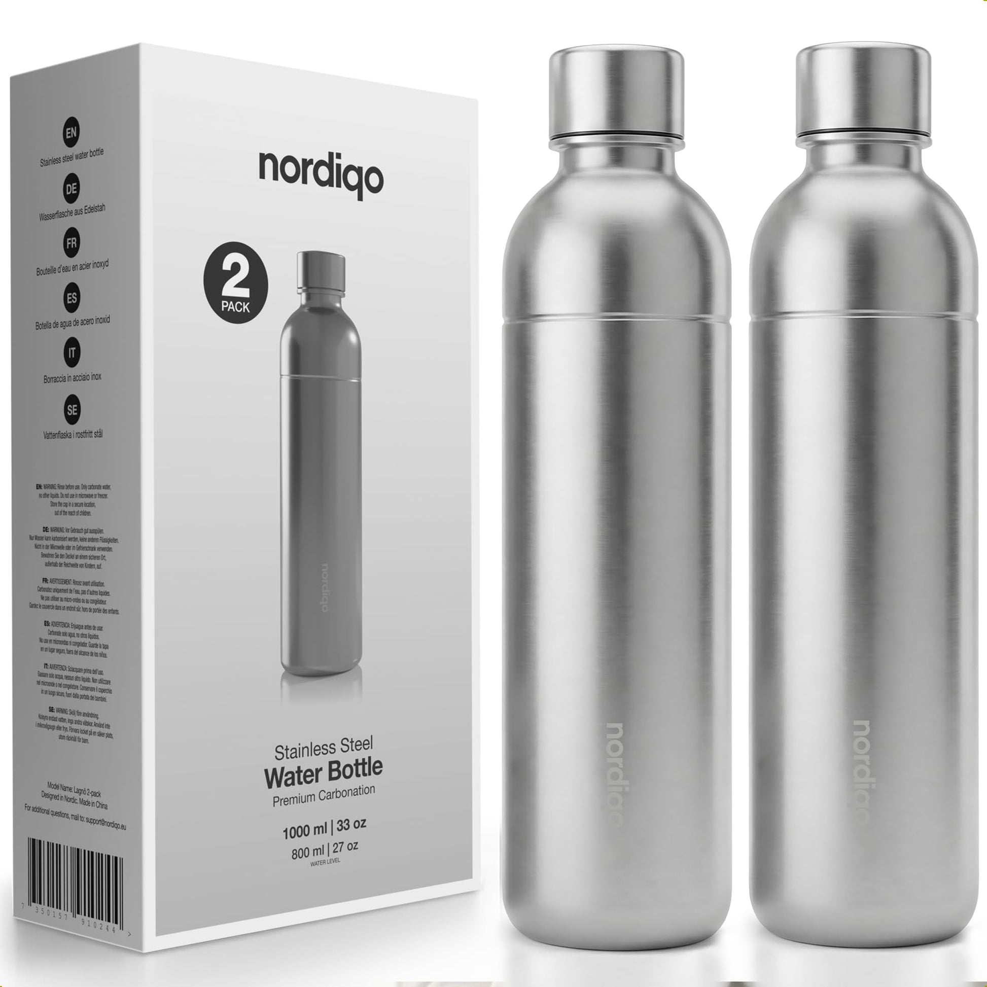 Nordiqo Edelstahl Sprudelflasche 1L für SodaStream & Aarke, 2er-Set, plastikfrei und spülmaschinenfest