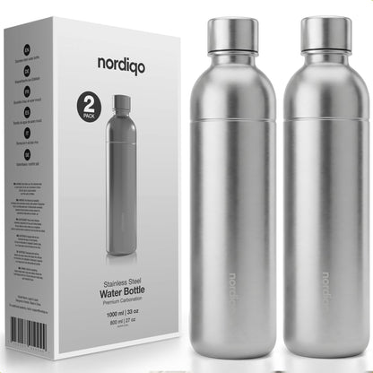 Nordiqo Edelstahl Sprudelflasche 1L für SodaStream & Aarke, 2er-Set, plastikfrei und spülmaschinenfest