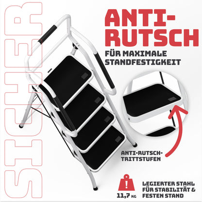 Sicherheitsleiter Klappbar mit Handlauf 4 Stufen weiss